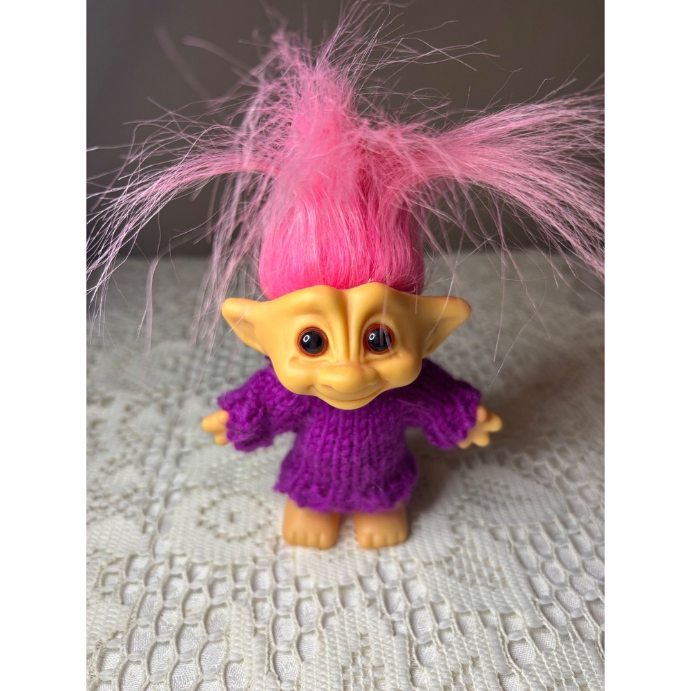 Vintage Lucky Treasure Troll Doll Pink Hair Purple Sweater Pink Belly Jewel 3in